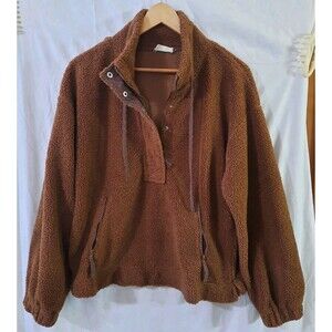 Uncharted Threads Womens L Brown Longsleeve Soft Teddy  Pullover 1/4 Zip/ Button